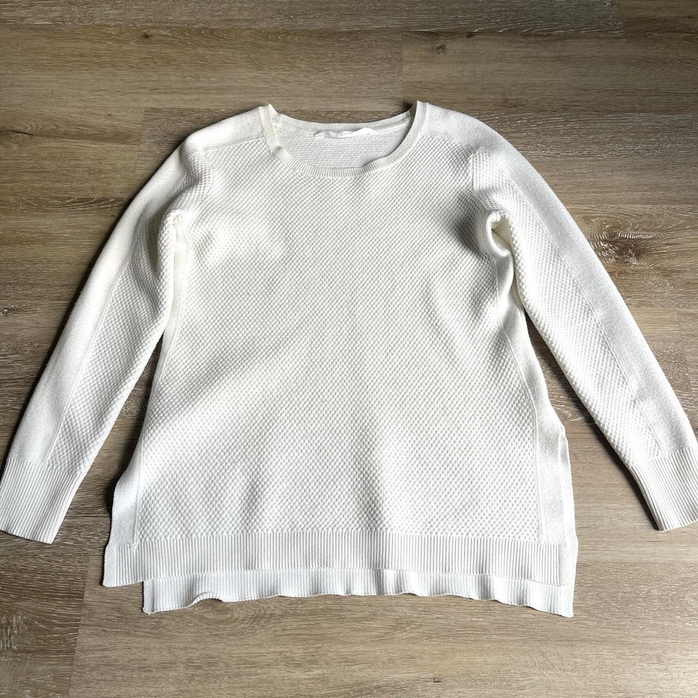 Athleta Thermal Merino Wool Sweater Women's Small Ivory Honeycomb Waffle Knit